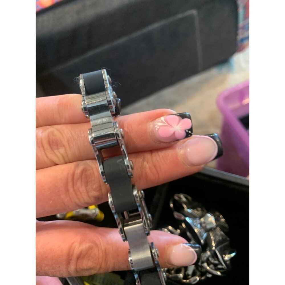 Mens Stainless Steel & Black Rubber Link Bracelet